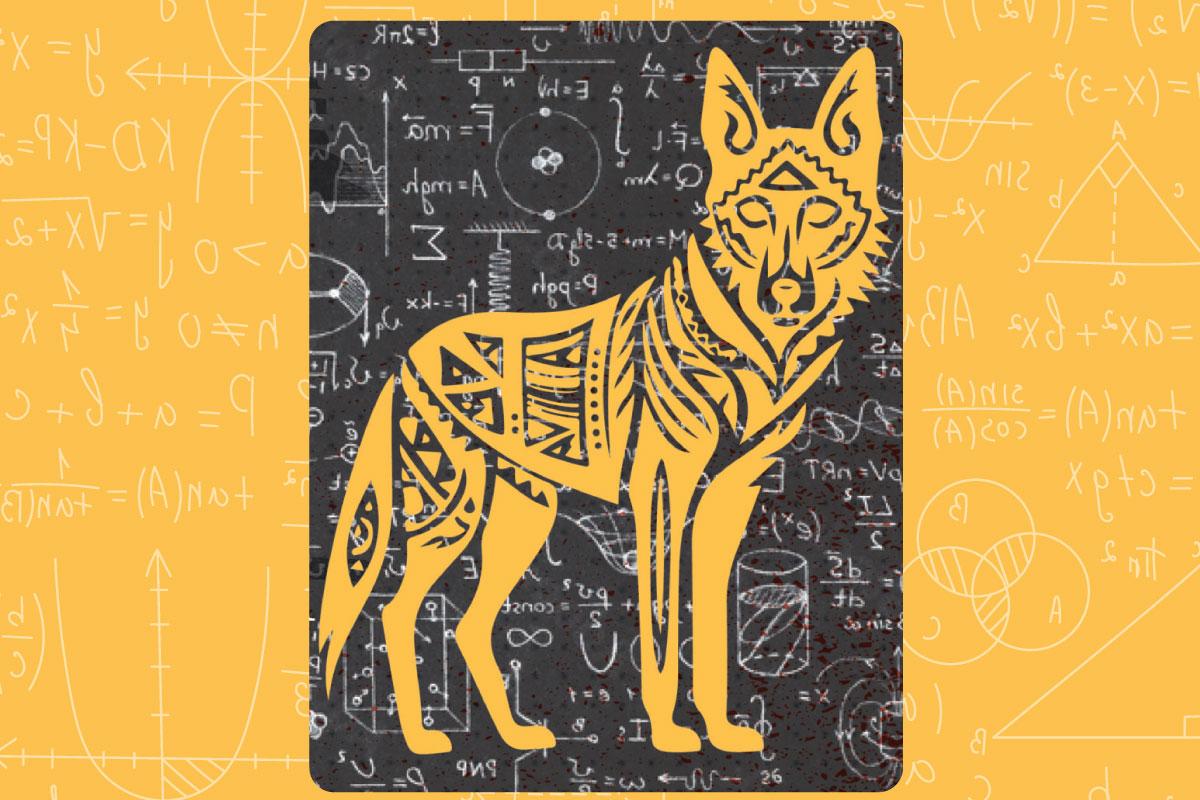 Yellow background with mathematical equations and a coyote outlined in black